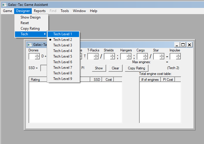 Design menu cascade to select specific technology level