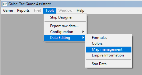 Tool menu cascade to select saved map to delete